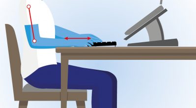 Alt Text - (alt=”Graphic of man sitting at dining table set up as a desk with a keyboard and laptop raiser”)