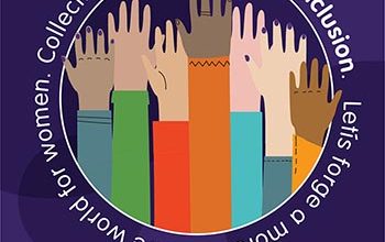 Purple square with circular image of people raising hands in support for International Women's Day on 8 March 2024. With the words "Lets forge a more inclusive world for women. Collectively we can #InspireInclusion"