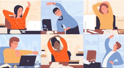 Illustrations of people stretching doing various stretches at their desks.